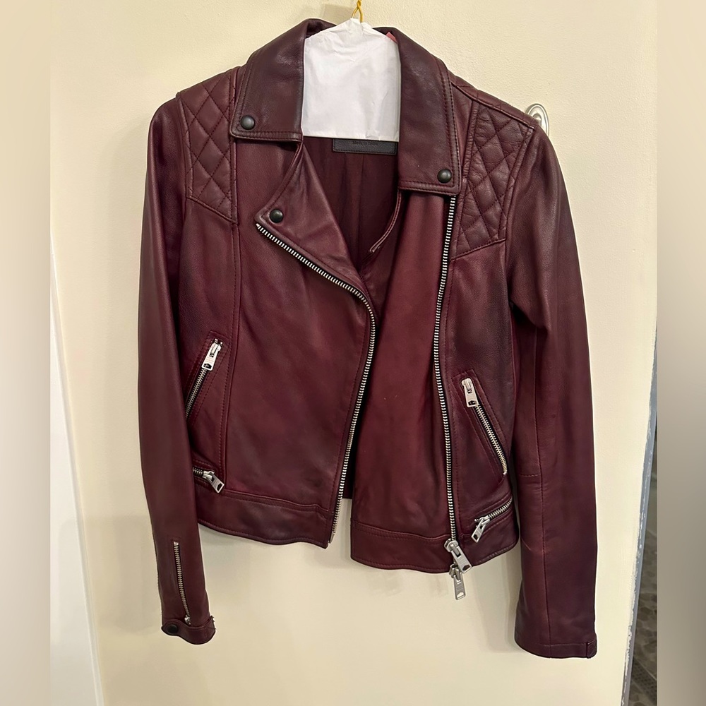 All saints burgundy leather jacket